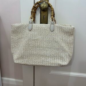 Moda Luxe Cream Textured Tote with Bamboo Handles